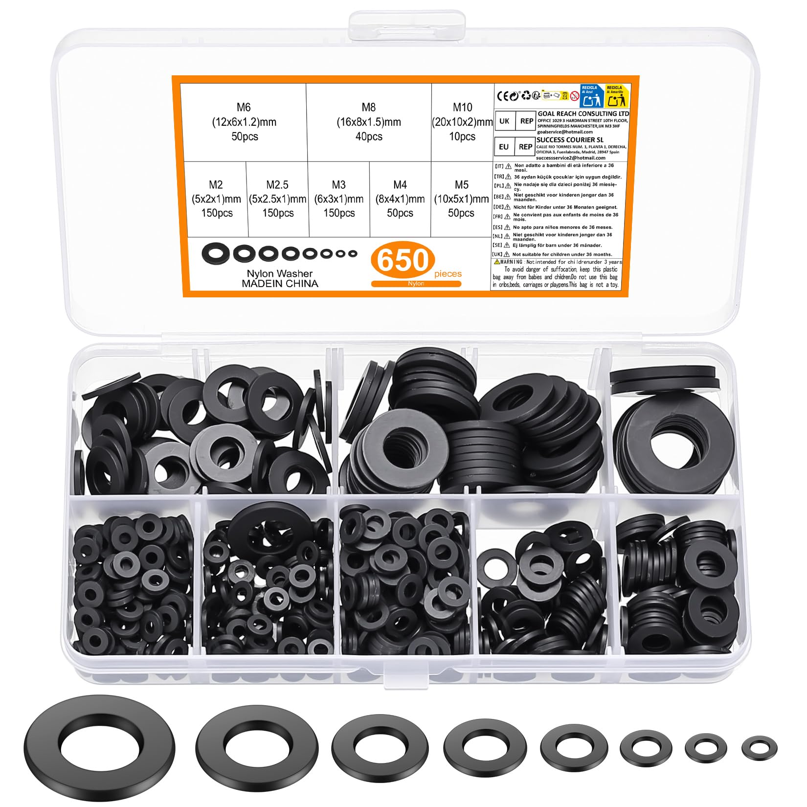 650 Stk. Nylon Unterlegscheiben, flache Kunststoff Karosseriescheiben, runde Beilagscheiben Abstandshalter, Dichtscheiben für Schrauben Isolierung - Schwarz, M2/M2.5/M3/M4/M5/M6/M8/M10