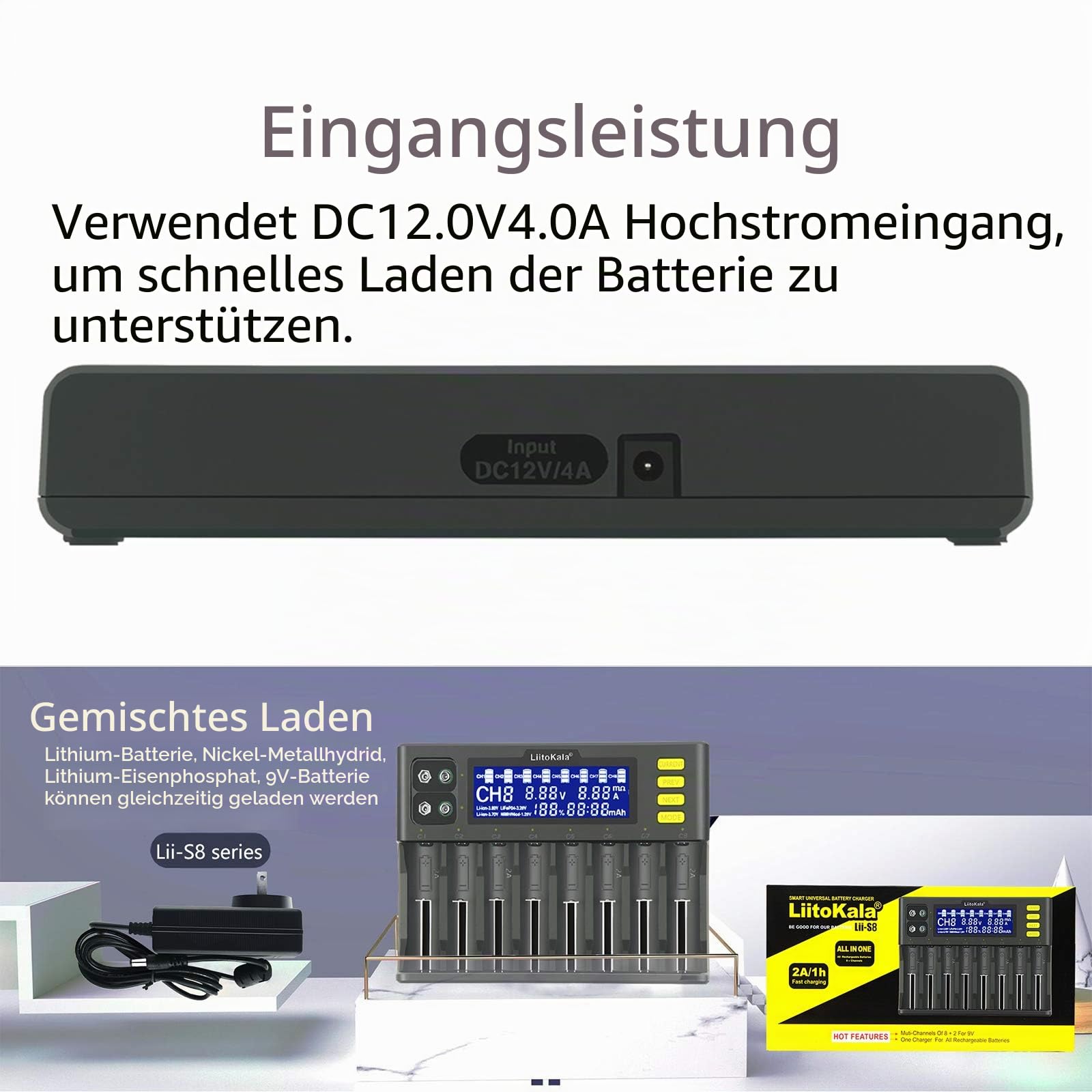Docooler Liito Kala LII-S8 Intelligentes Ladegerät 8 Steckplätze Automatisch/Manuell LED Kompatibel mit 18650 26650 21700 26700 AA AAA Lithium Ladegerät
