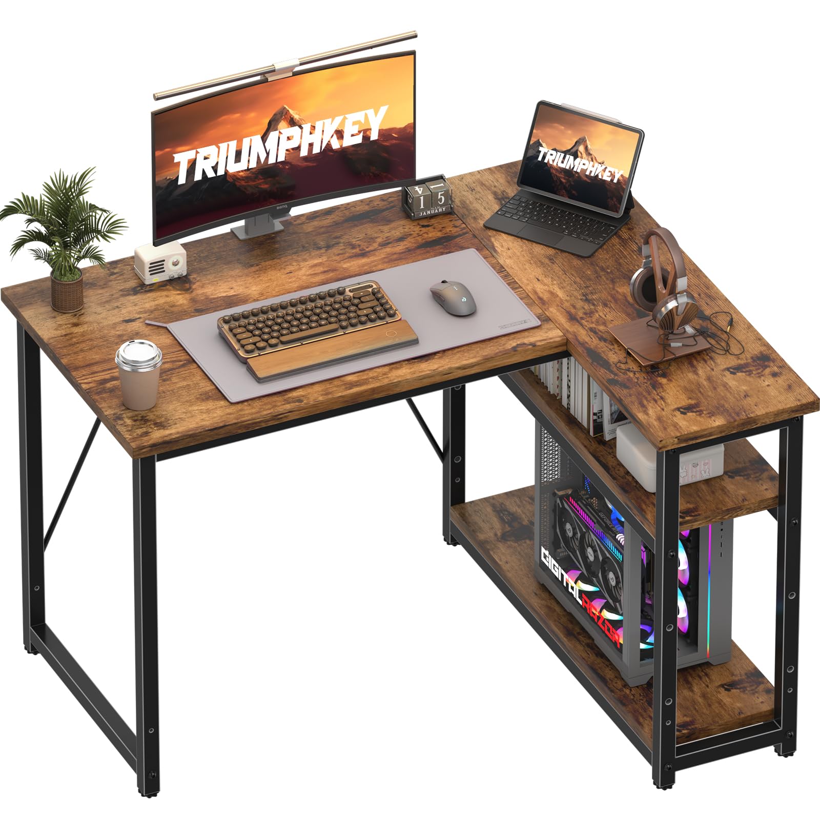 100 * 80cm L Shaped Computer Desk with Reversible Large Storage Shelves, Corner Desk Computer Workstation Matching Under Desk Height Adjustable Storage, Home Office Work Table Brown