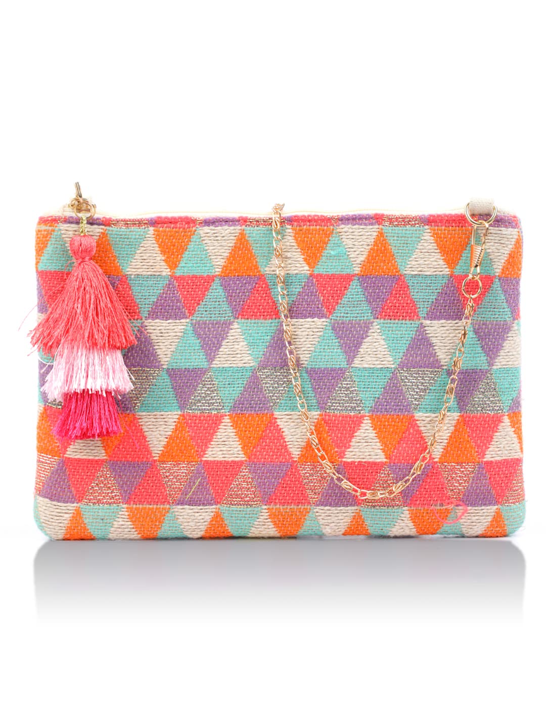 PriyaasiMulticolor Geometric Pattern Jacquard Cloth Sling Bag for Women | Stylish, Trendy, & Casual Chain Sling Bag with Zipper Closure | Detachable Strap