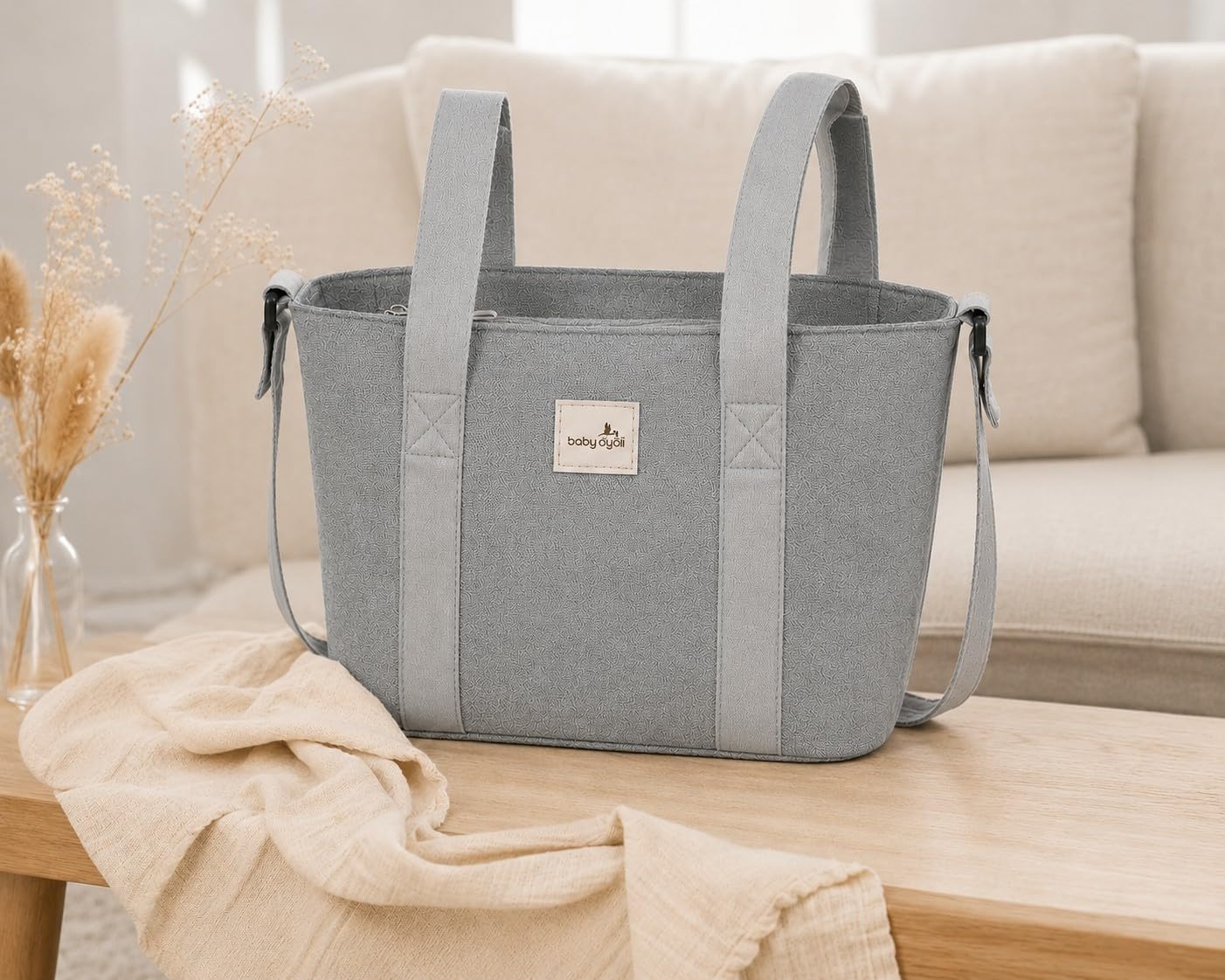 Borsa grande capacità, organizer grigio. Borsa per passeggino. Manici corti per il fissaggio al carrello e lunghi per la spalla.