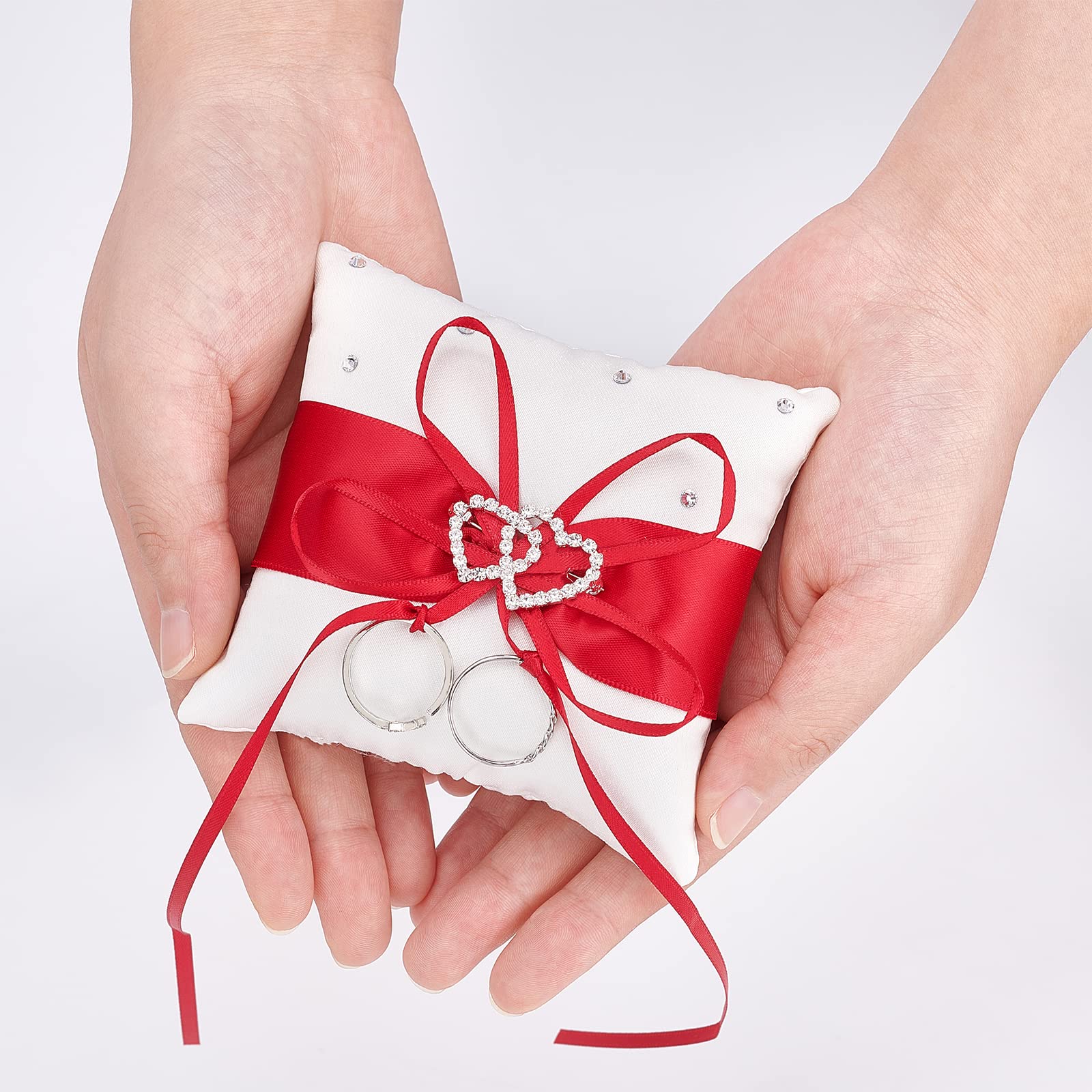 Coussin Porte-Alliances Mariage - Cœur Double Avec Strass Et Nœud Rouge | Parfait Pour Cérémonie Romantique
