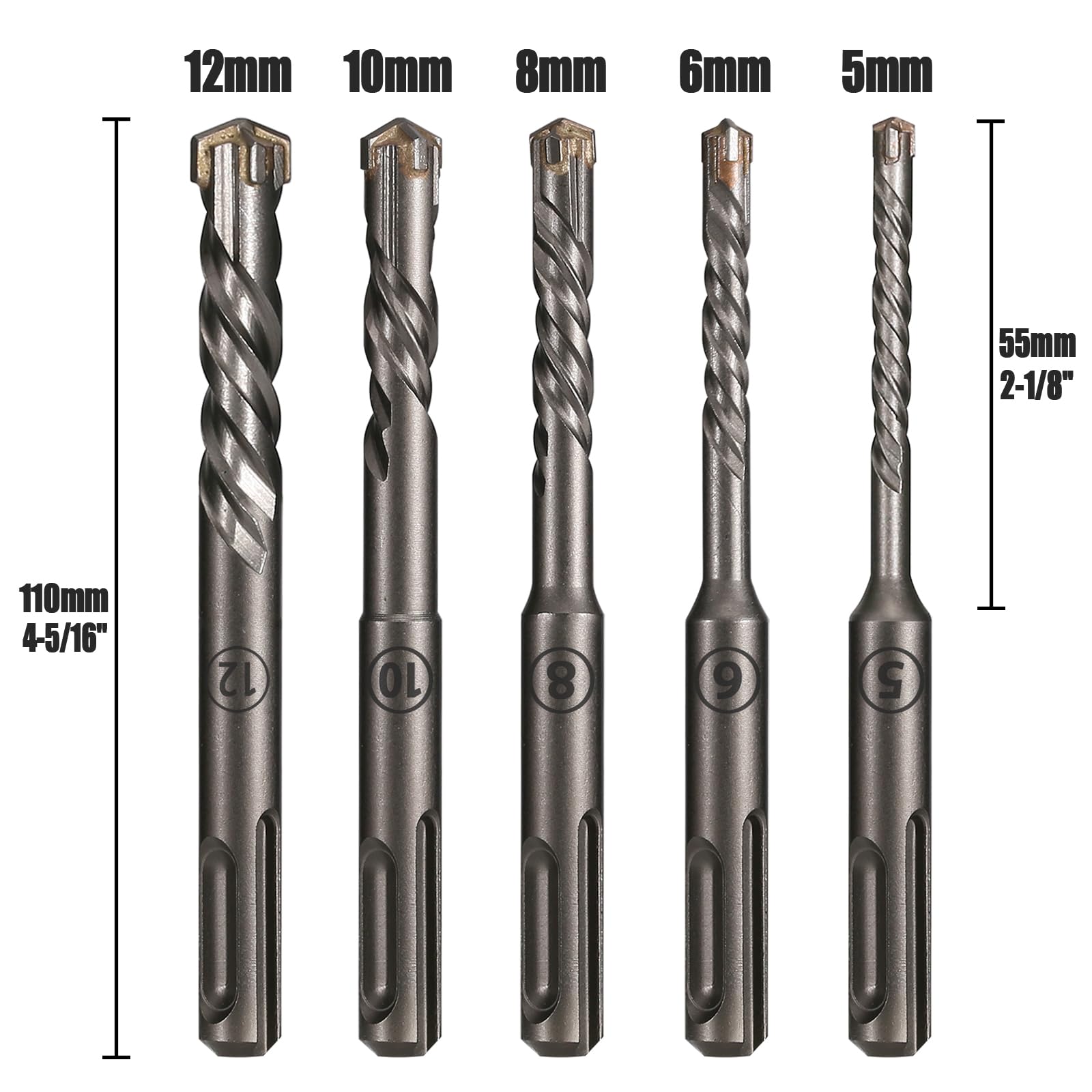 Punte for Trapano SDS, Set di 5 Punte for Trapano a percussione SDS Plus, Punte for Trapano in carburo con Punta a Croce da 5/6/8/10/12 mm, Lunghezza 110 mm.