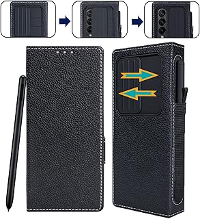Vitodo for Galaxy Z Fold 4 Case with S Pen Holder, Genuine Leather Wallet Case Built-in Slide Camera Cover, RFID Blocking Card Slot Kickstand Shockproof for Samsung Galaxy Z Fold4 5g (2022) - Black