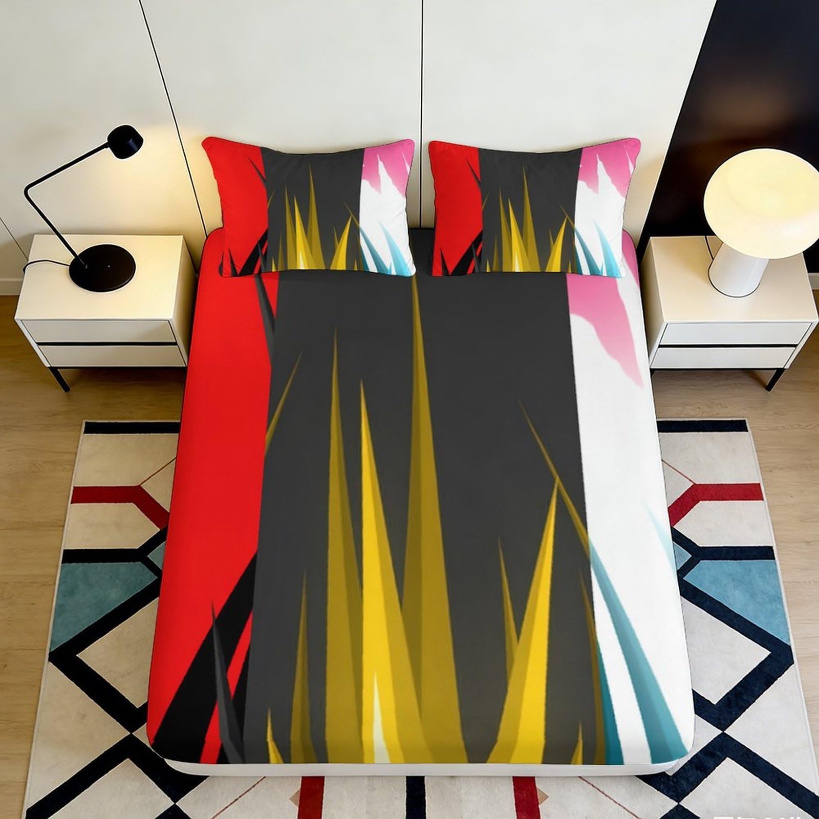 3D Printed Abstract Color Block Fitted Sheet Microfiber Soft Breathable Geometric Pattern Mattress Cover for Bedroom Dorm Decor 160x200x25cm