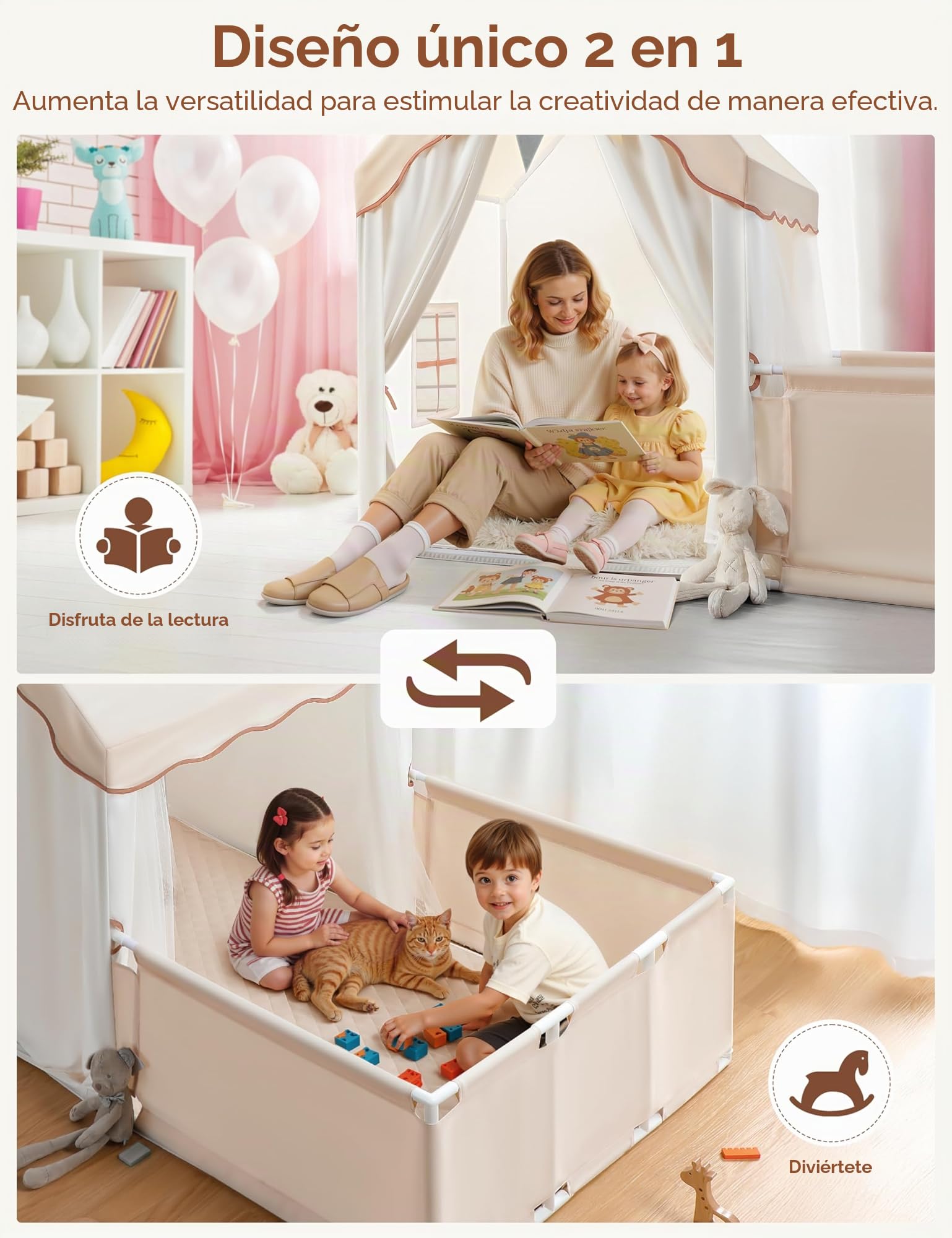 Besrey Casita Infantil 2 en 1 - Tienda de Campaña para Niños con Parque de Juegos, Espacio Grande para 4-5 Niños, Incluye Luces, Banderines y Alfombra, Ideal para Interiores y Exteriores