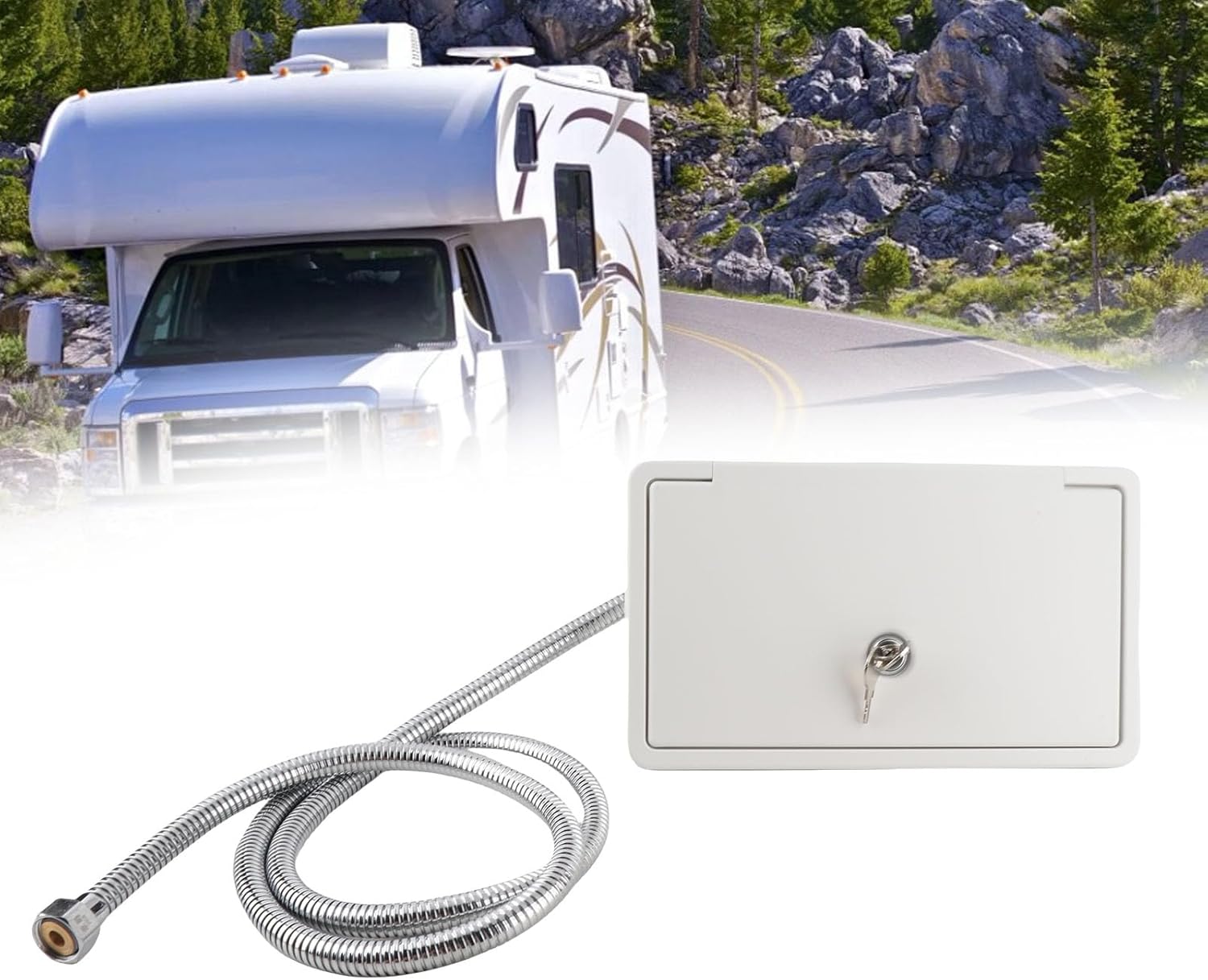 Exterior Shower Box Kit 1.5m Metal Hose Outdoor Washing Spray Box Set for Rv Campervans Trailer Boats Yachts (White with Metal Tubes)