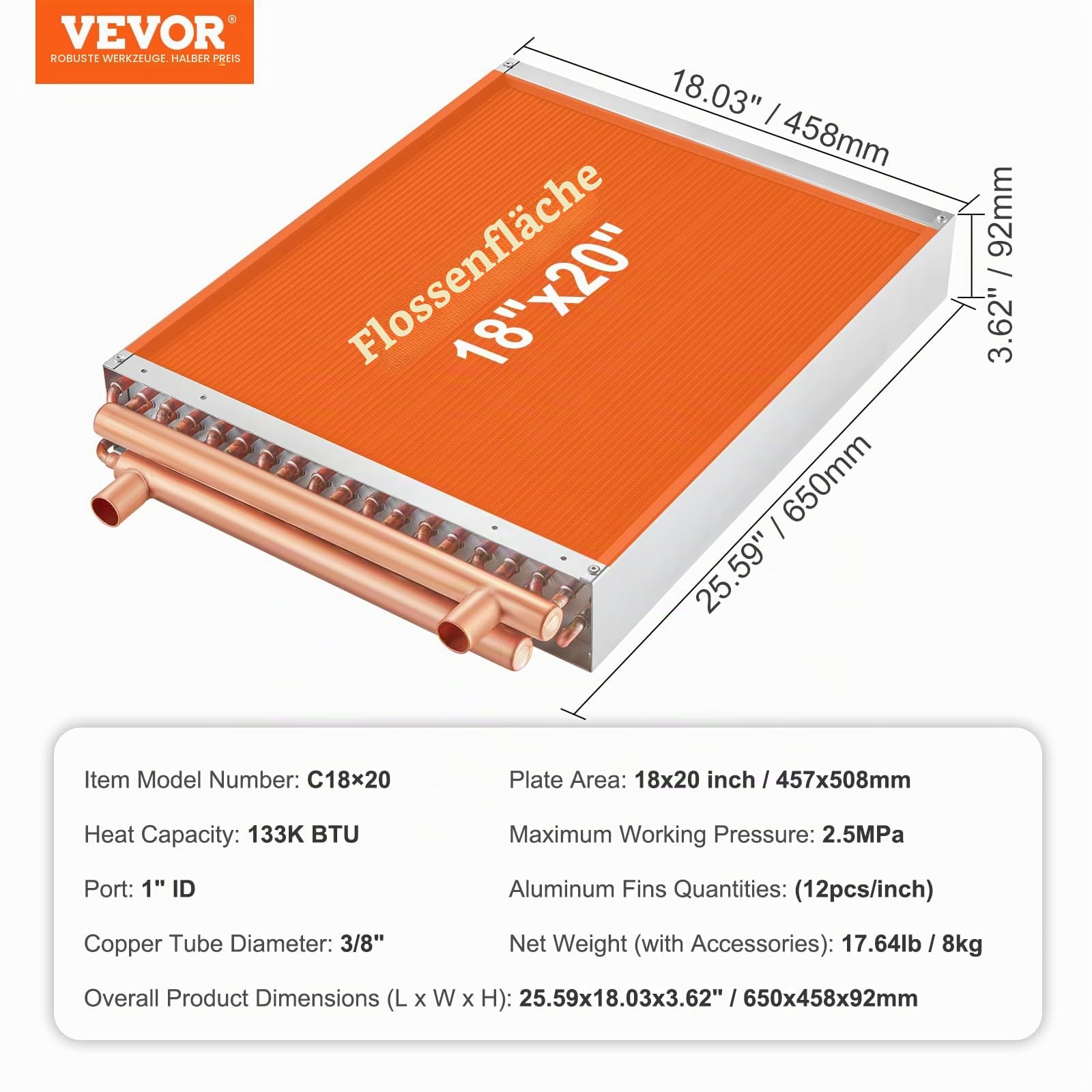 VEVOR Wärmetauscher Wasser-Luft, 45,72 x 50,8 cm mit 3-reihigen 9,53 mm Kupferanschlüssen, 242 Aluminiumlamellen Wärmetauscher für Holzöfen, Heizung und Kühlung im Wohnbereich und Warmluftheizung