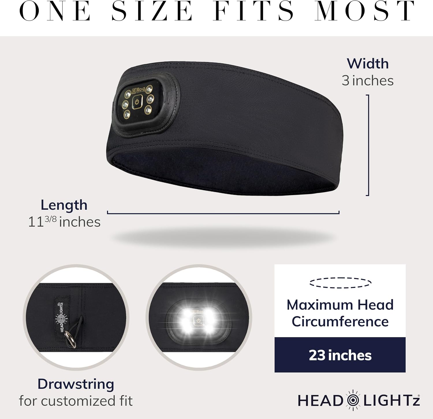 HEAD LIGHTZ by Roq Innovation - Flashlight Adjustable Padded Headband with Light - LED Headlamp - Headband Lights for Forehead - Unisex, Rechargeable, Black