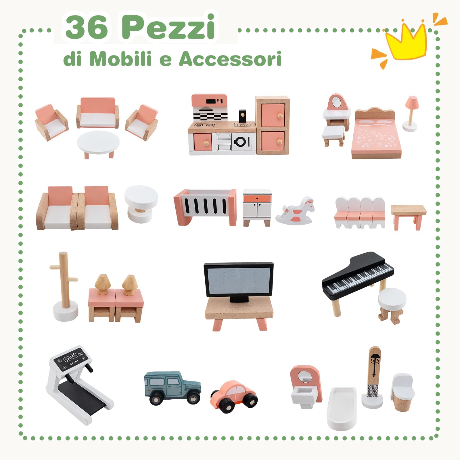 COSTWAY Casa delle Bambole ad Angolo in Legno, Casetta delle Bambole a 3 Piani con 36 Mobili e Accessori, 6 Stanze, Balconi e Garage, Giocattolo per bambini 3+ Anni, 87 x 37 x 83 cm