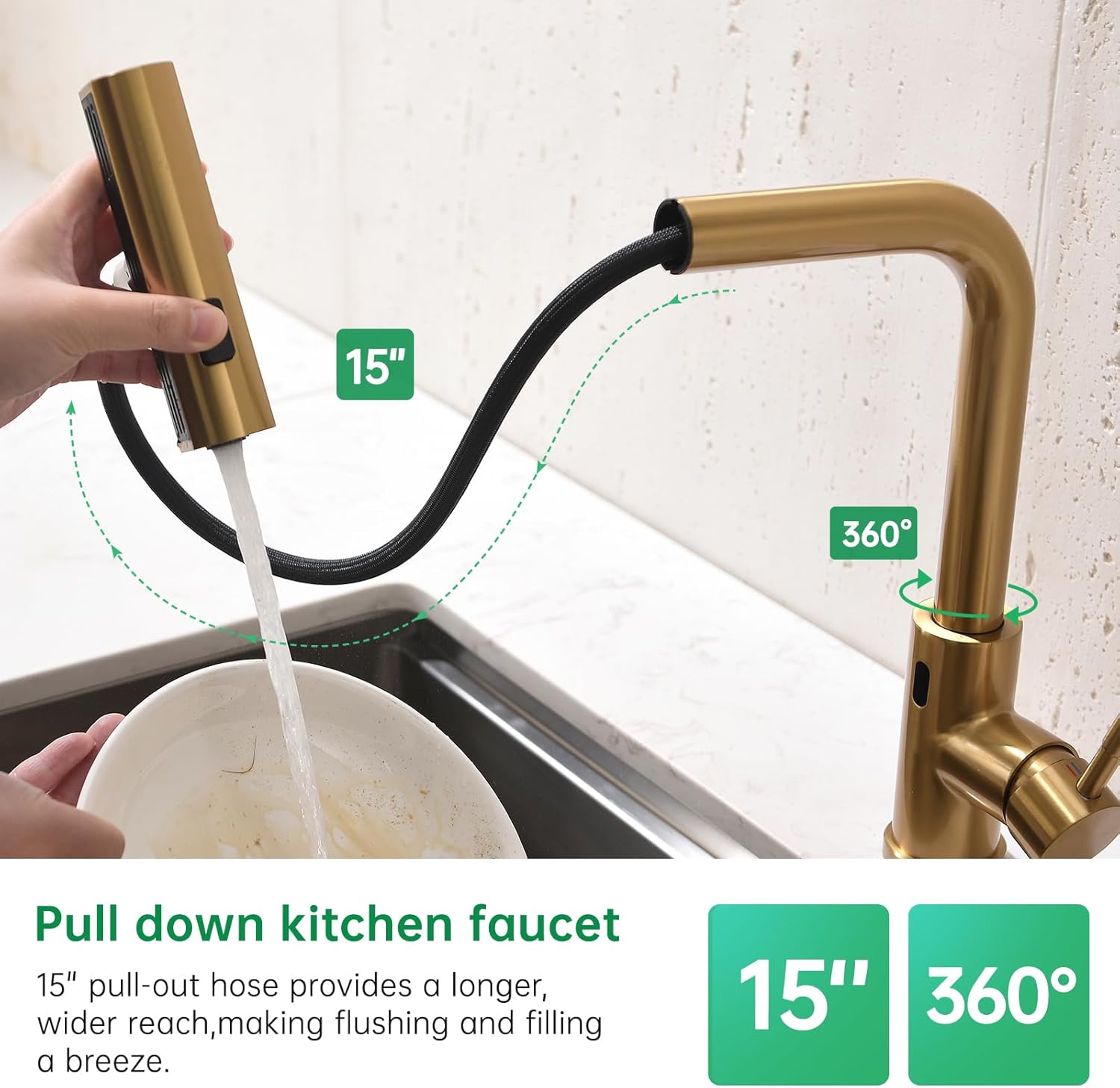 CENOSA Touchless Kitchen Faucet Motion Sensor Hands Free Single Handle Kitchen Sink Faucet with Pull Down Sprayer Brusshed Gold