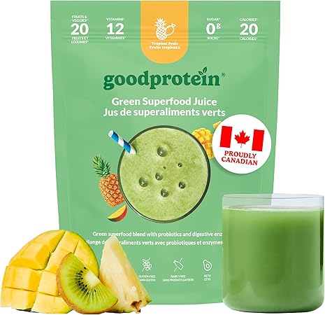 Good Protein Greens Superfood Powder Juice - 100% Natural Digestive Enzyme Greens Powder | Vegan Non-GMO Gluten Free Vitamins Green Powder - Organic Alfalfa Wheat Barley Grass Spirulina Powder | 225g Tropical Fruit