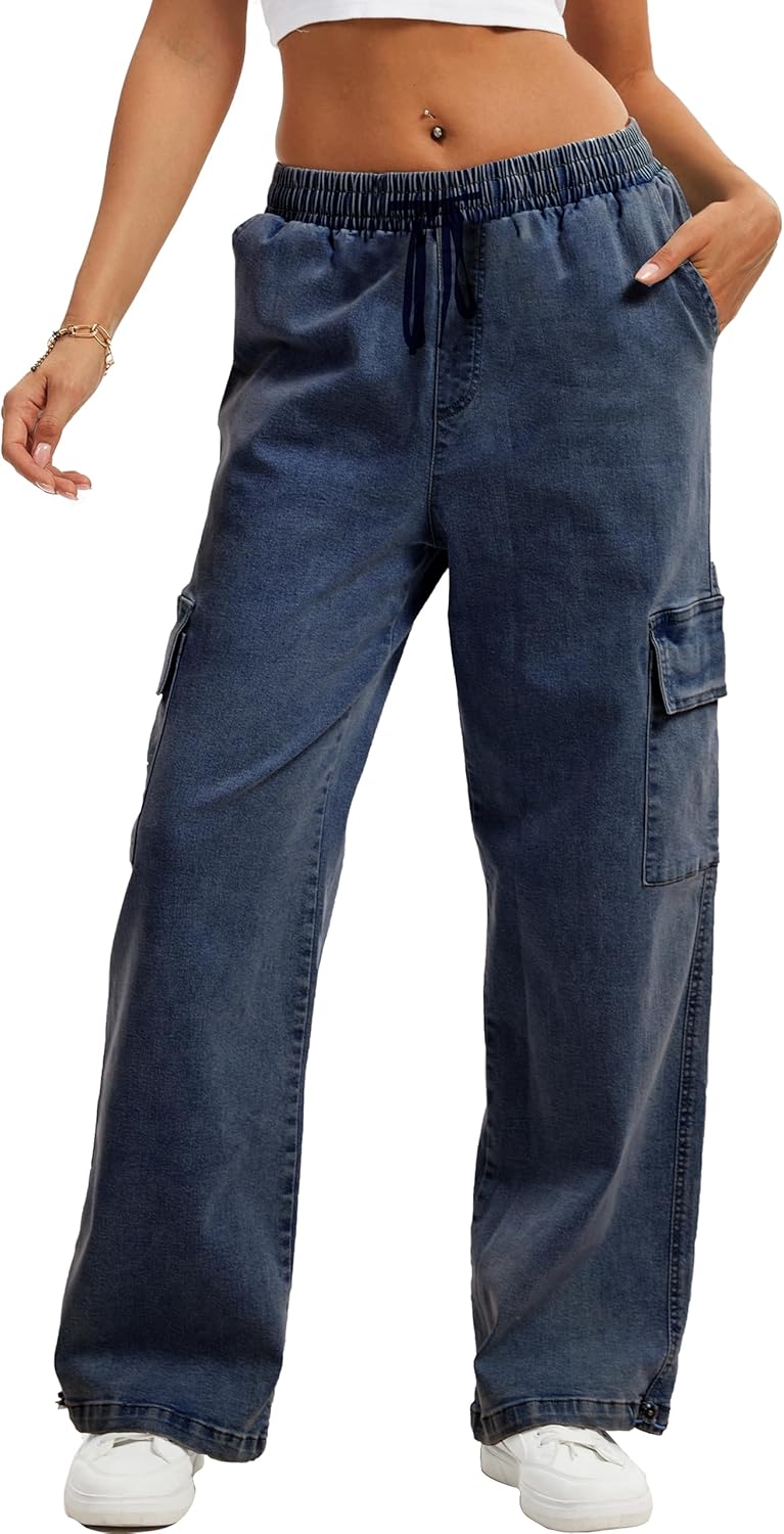 HVEPUO Womens High Waisted Cargo Pants Y2K Baggy Wide Leg Casual Stretchy Jeans for Women Streetwear Pull On Trousers Pants - Image 4