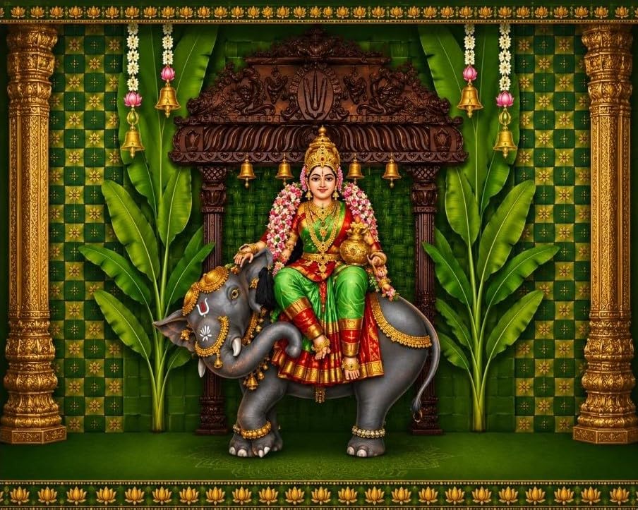 Image of varalakshmi Pooja Backdrop Decoration | Varalakshmi Vratam Background with Hanging Temple Bells, Golden Pillars and Banana Trees 8x8 Feet | Lakshmi Pooja Background