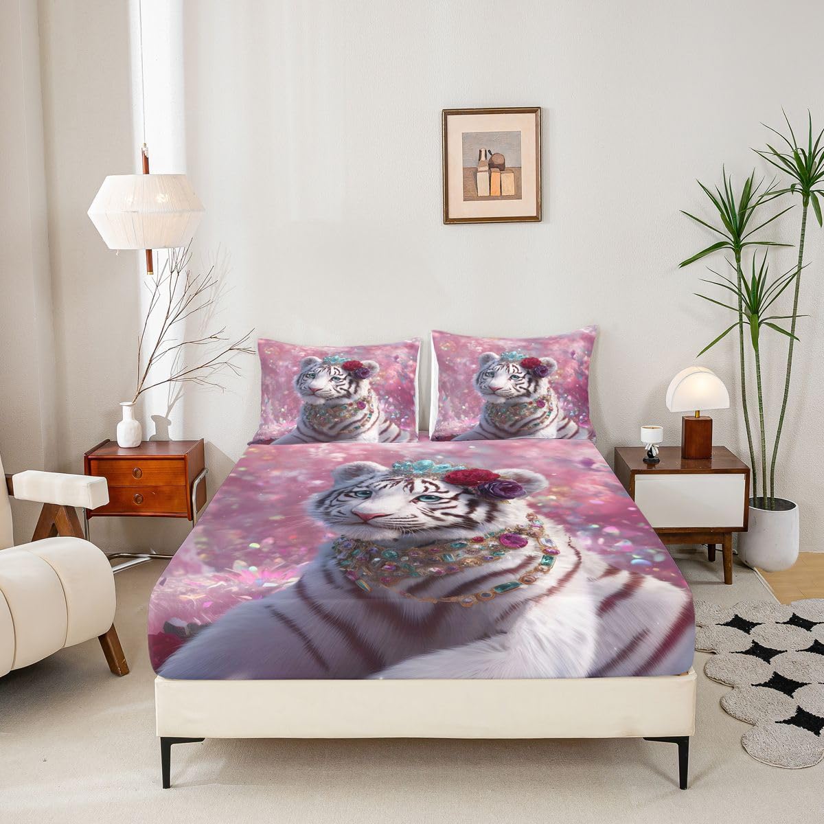 Loussiesd Drap Housse 180x200cm Blanc Tigre Drap-Housse Animaux Sauvages Doux Glitter Décoration avec 2 taies d'oreiller 65x65cm Faune Sauvage pour Matelas Épais jusqu'à 30 cm