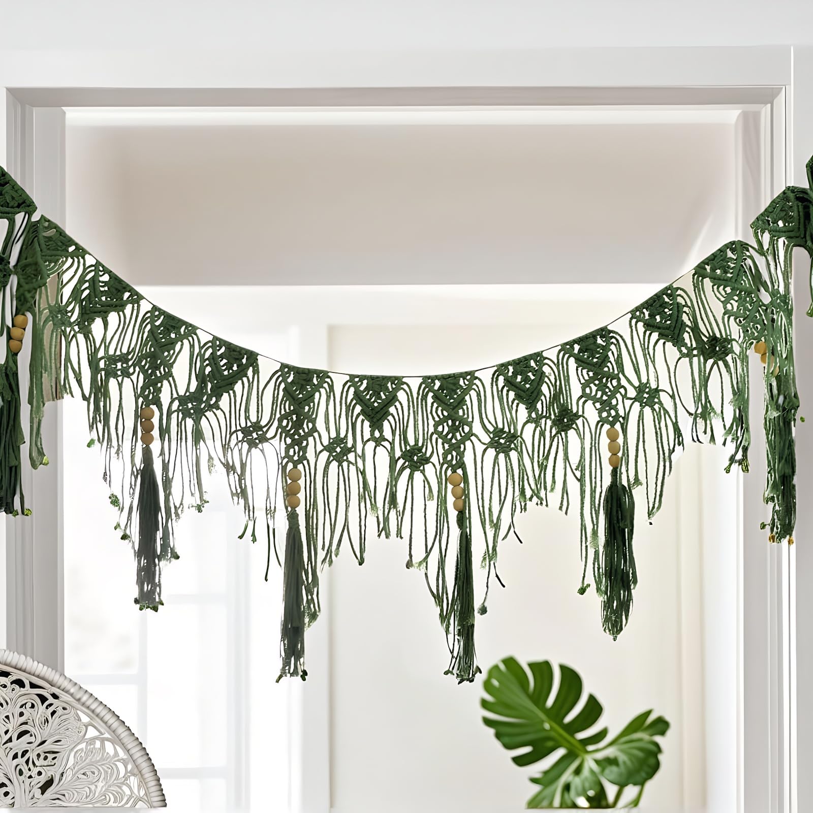 Photo 1 of Macravine Macrame Wall Hanging Garland, Green and Cream, Bohemian Style with Wooden Beads, Handwoven Cotton Fringe Banner,44“X12.8” (Green)