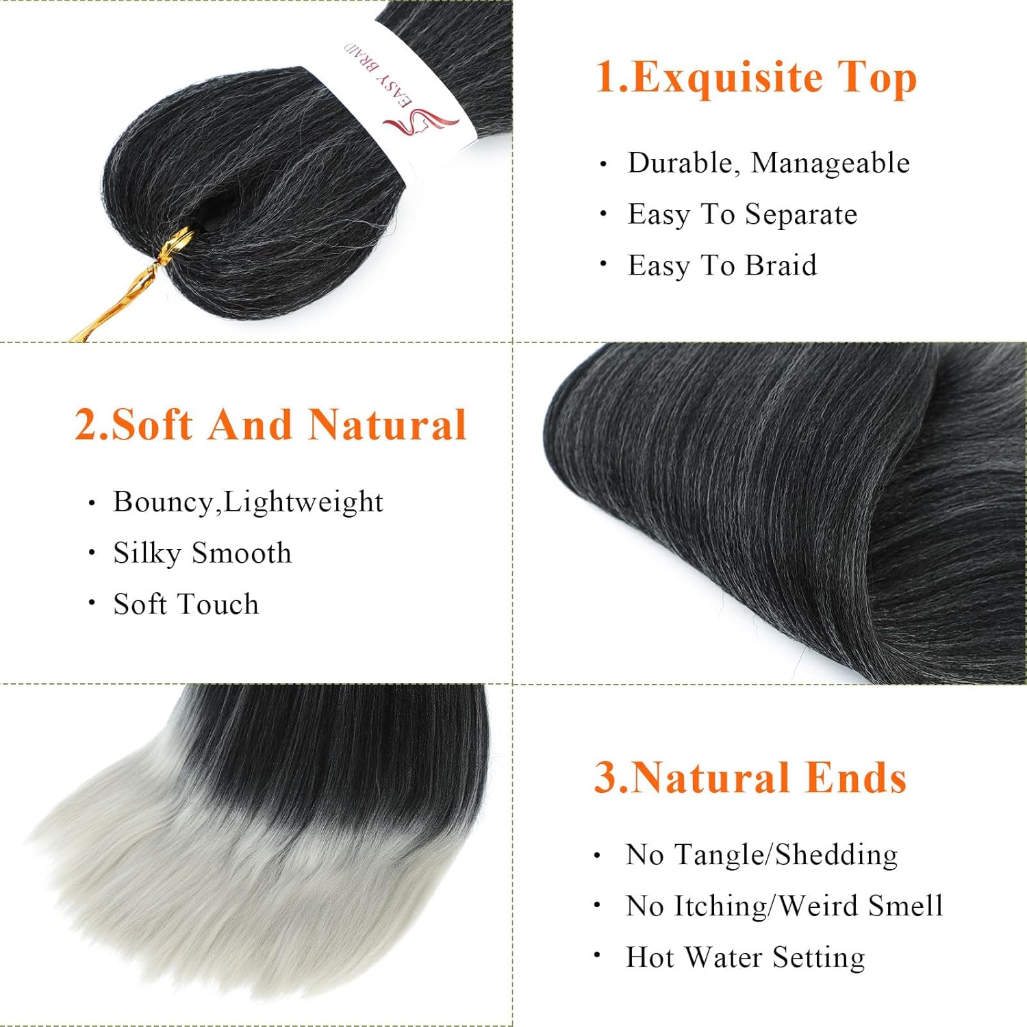 Ombre Gray Braiding Hair 24Inch 8 Packs Braiding Hair Pre Stretched For Braiding Twist Hair Pre Stretched For Box Braids Hot Water Setting Soft Yaki Texture(1B/Silver Gray)
