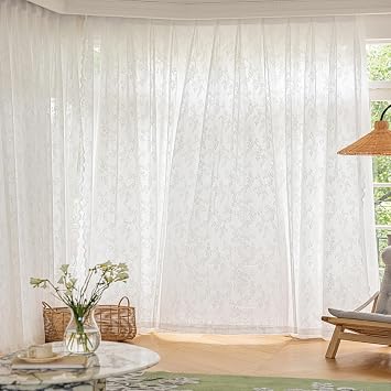 White Pinch Pleated Lace Flower Window Sheer Curtains 96 Inches Long 2 Panels, Gently Filter Light See Through Semi Sheer Window Panels Drapes, 52" W x 96" L x2
