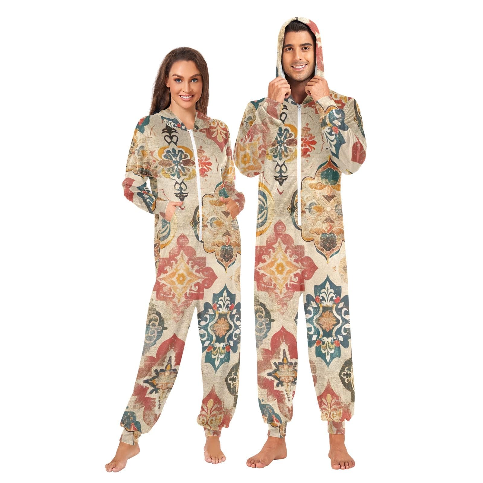 Tuta intera vintage con motivo floreale mandala, per adulti, ultra morbida, in velluto di cristallo, pigiama natalizio con cerniera