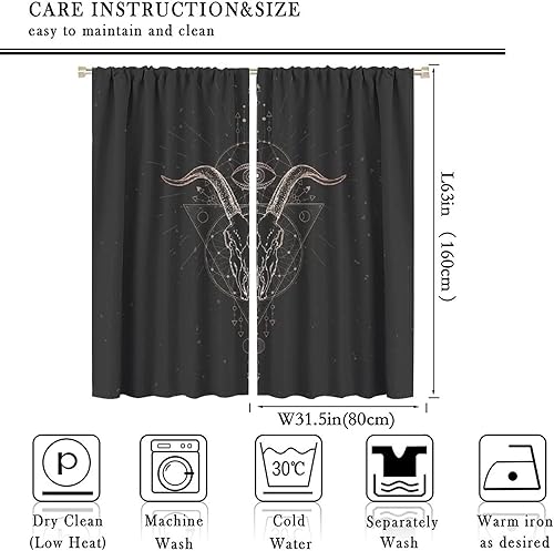 Vista 124 de Cortinas de cabeza de cabra, misteriosa cabeza de cabra malvada, calavera negra, bolsillo para barra, cortinas opacas para ventana, juego de 2