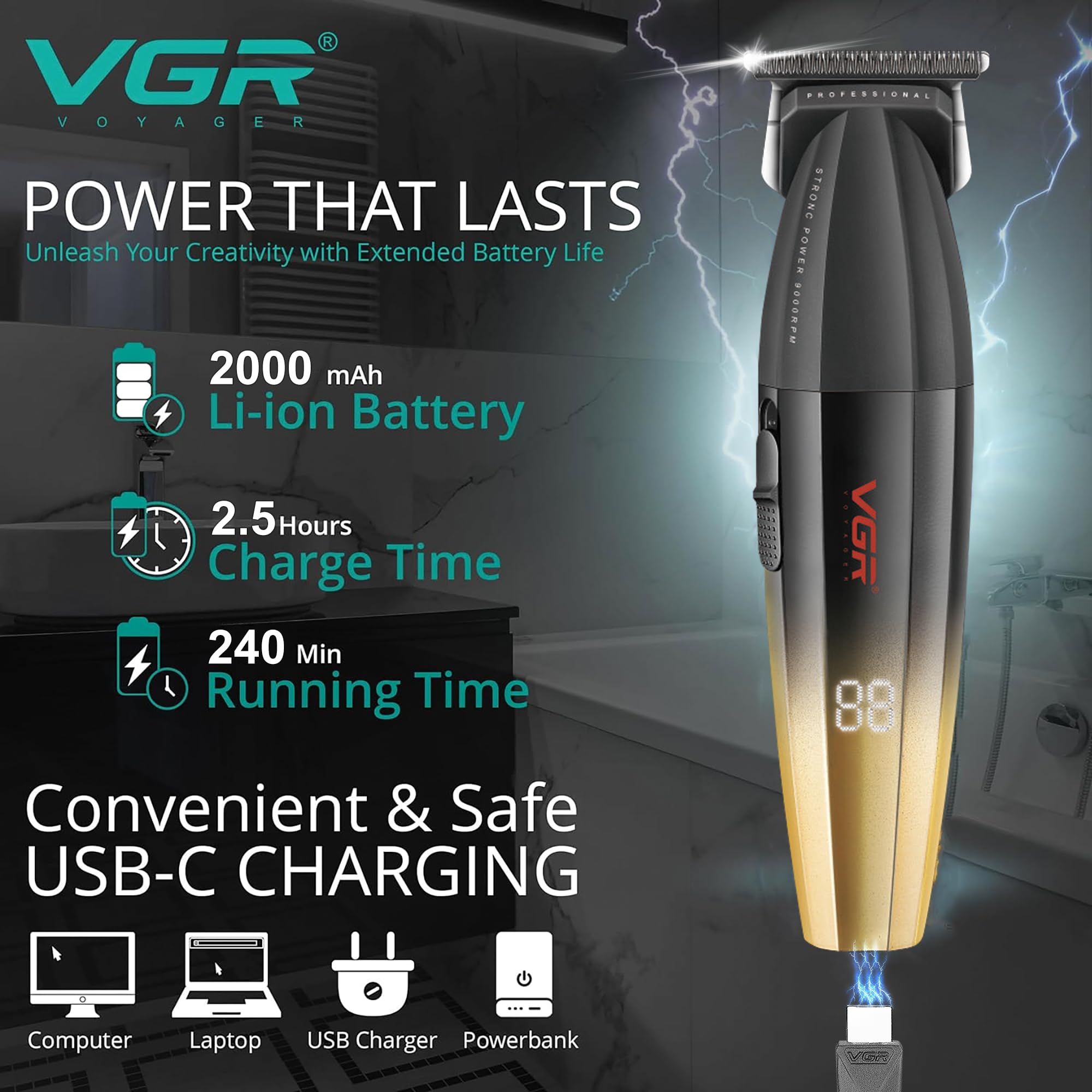 VGR Recortadora de pelo para hombre, inalámbrica, profesional, barbero, 9000 rpm, eléctrica, USB-C, recargable, batería de 240 minutos, DLC y cuchillas de cerámica para detalles de barba de precisión,