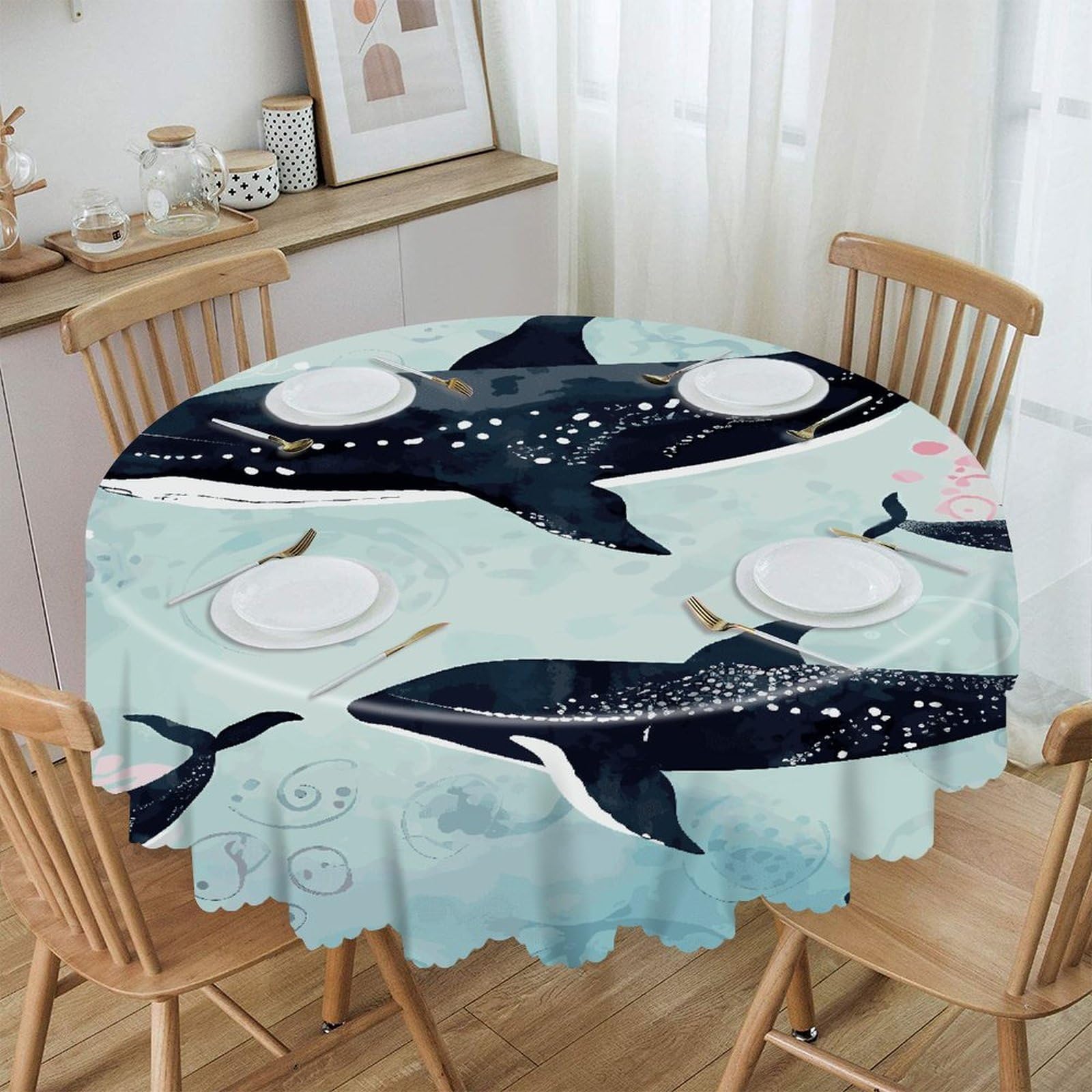 VstaDank Whale Round Tablecloth 60 Inch Easy to Clean Circle Table Cover Thick Decorative Round Polyester Table Cloth for Dining Kitchen Party Farmhouse Outdoor