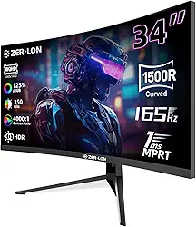 Monitor de jogos curvo de 34 polegadas, monitores de computador Ultrawide 21:9 WQHD 3440×1440 165Hz, 1500R 1ms (MPRT), 125% sRGB, 350nits, FreeSync, HDMI 2.0 x2, DP1.4 x2, montável na parede