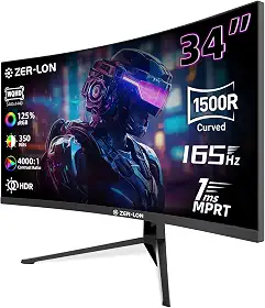 Monitor de jogos curvo de 34 polegadas, monitores de computador Ultrawide 21:9 WQHD 3440×1440 165Hz, 1500R 1ms (MPRT), 125% sRGB, 350nits, FreeSync, HDMI 2.0 x2, DP1.4 x2, montável na parede