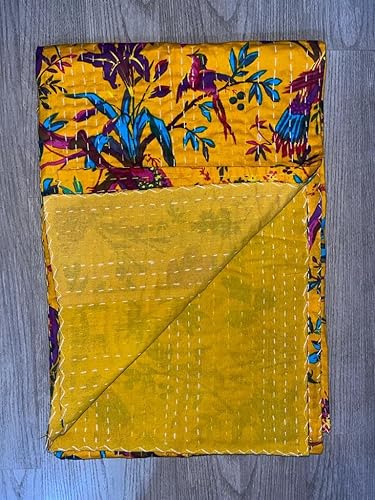 Miniatura 2 de Manta Kantha de algodón hecha a mano, manta de Kantha con estampado de pájaros, colcha reversible Kantha (60 x 90 pulgadas, amarillo)
