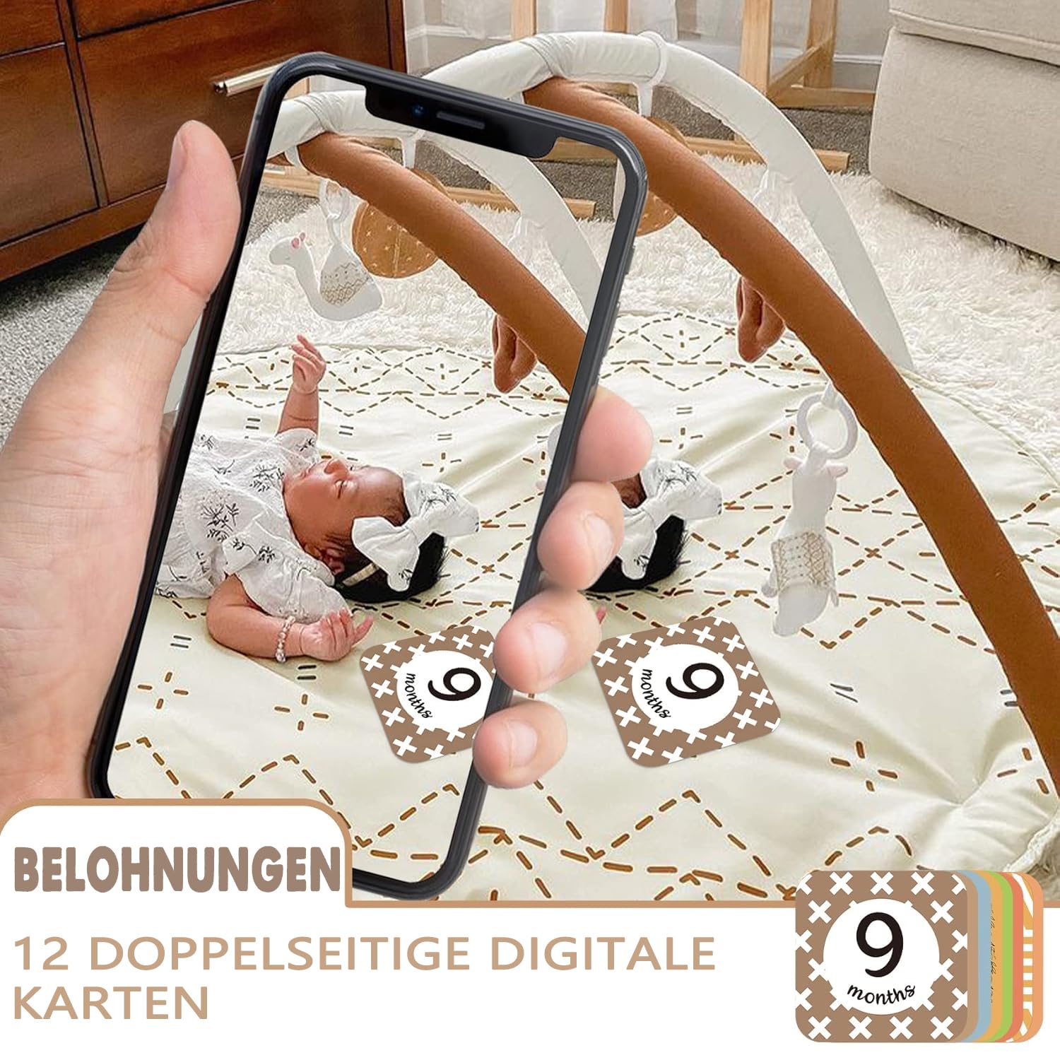 Mallify Baby Spielbogen mit Spielmatte, play mat mit Bauchzeit Kissen und 6 abnehmbaren Sensorik Spielzeugen für Neugeborene & Kinder, Goldbraun