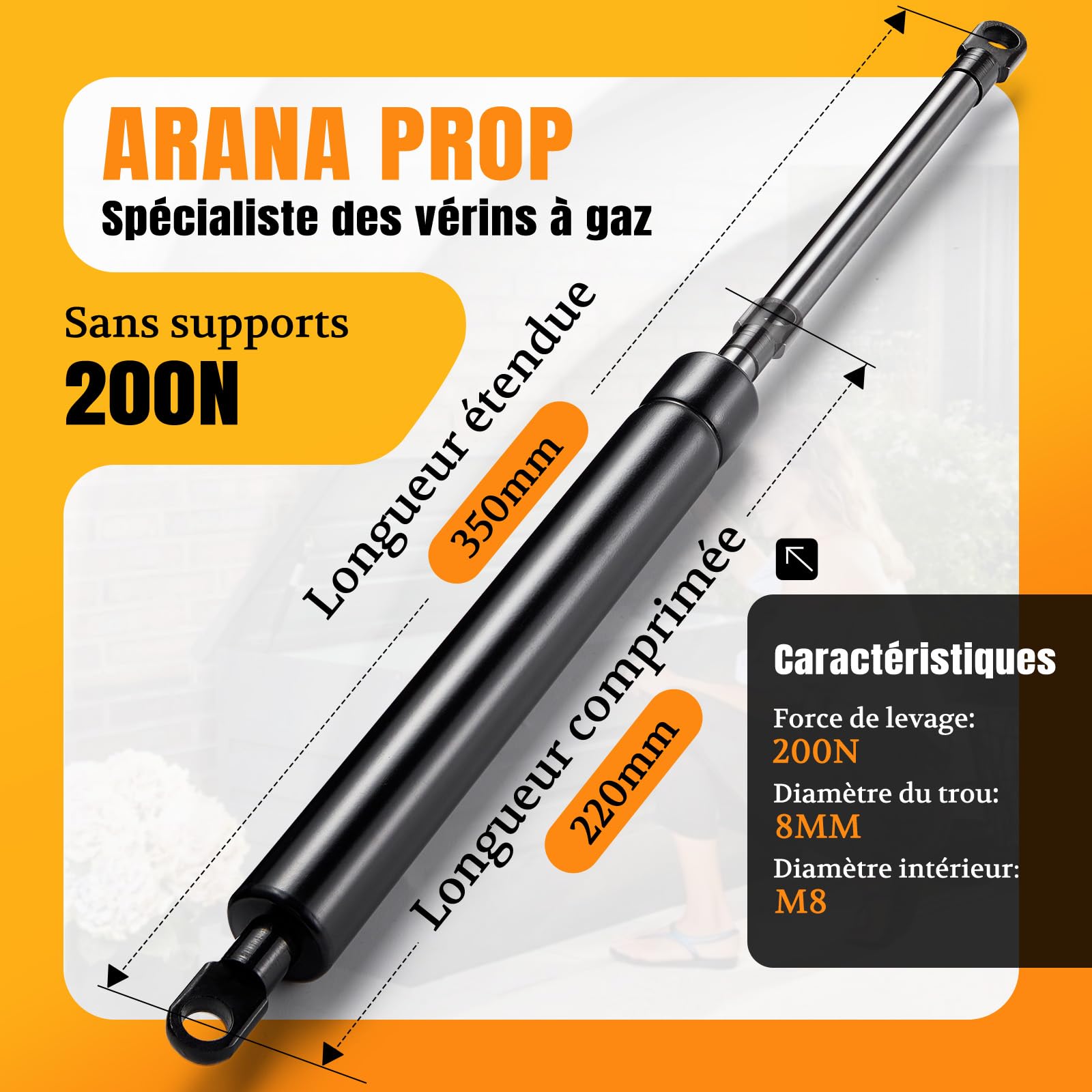 2X Vérin à Gaz 350mm 200N/20kg, Vérin Hydraulique à Oeillet avec,ressort à gaz pour Lit Coffre, Meuble TV, Coffre Jardin, Caravane, Trappe de Toit M8