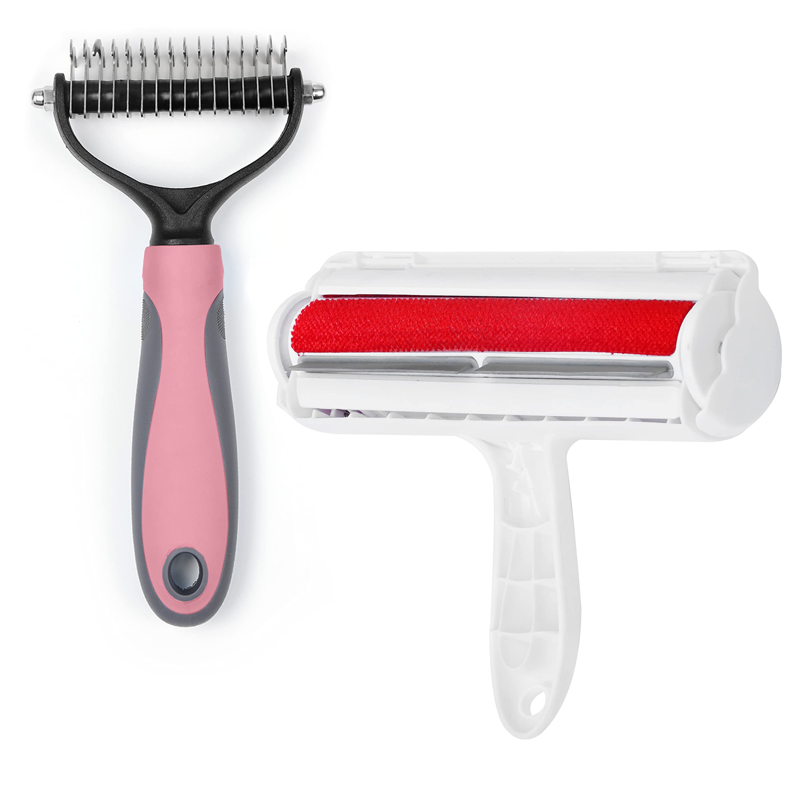 ABOUT SPACEABOUT SPACE Pet Hair Remover - 1PC Double Sided Assorted Colour Pink/Blue Dematting Pet Comb for Tangle Removing with 1 PC Reusable Lint Roller Cat/Dog Hair Removal for Couch, Car Seat, Clothes