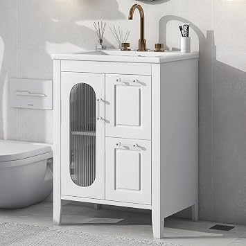 Harper & Bright Designs 24" Bathroom Vanity with Sink, Free Standing Single Basin Vanity Set with Two Drawers and Glass Door, Modern Wooden Bathroom Cabinet with Ceramic Basin for Bathroom, White