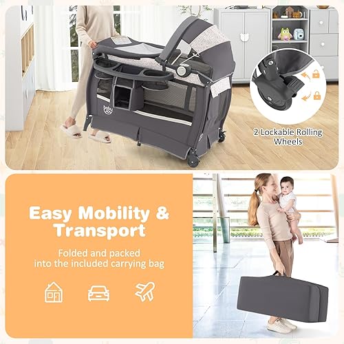 Miniatura 9 de BABY JOY 4 en 1 Pack and Play, corralito portátil para bebé con moisés y cambiador abatible, toldo, centro de actividades para cuna infantil con
