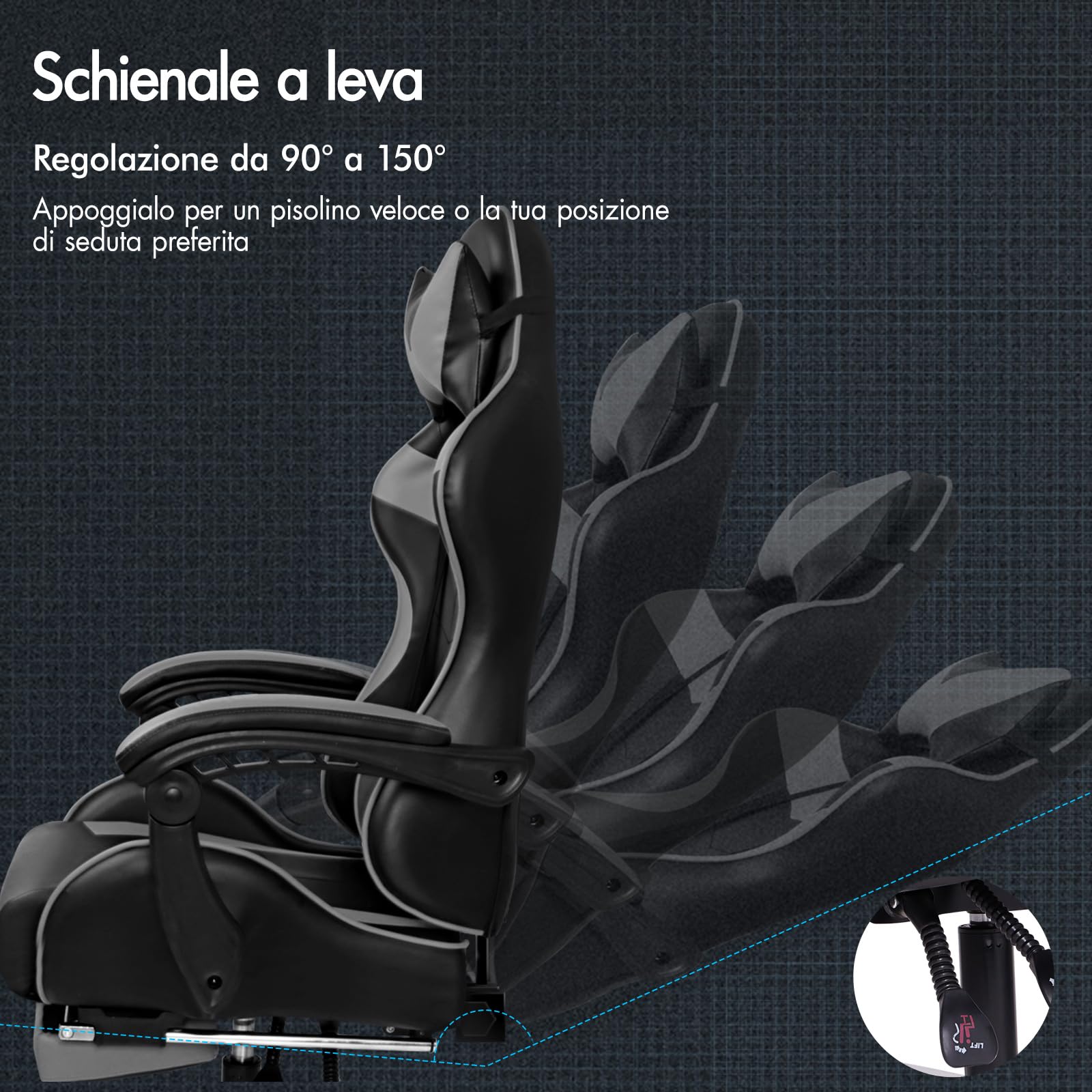ALFORDSON Sedia Gaming Massaggiante, Sedia Gamer Professionale con Cuscino Lombare & Poggiatesta, Poltrona Ergonomica da Ufficio con Poggiapiedi, Regolabile 90-150°, Portata 180 kg, Similpelle(Grigia)