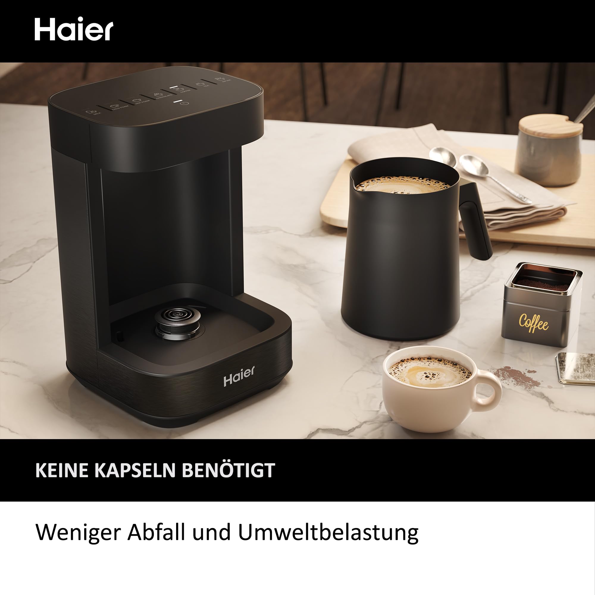 Haier Teekocher & Milchaufschäumer in einem I Multi-Getränke Zubereiter mit integrierter Teemaschine & Milchschäumer I Viele Programme für Kaffee, Heiße Schokolade, Tee & Aufguss [Serie 5 - HMB5A]