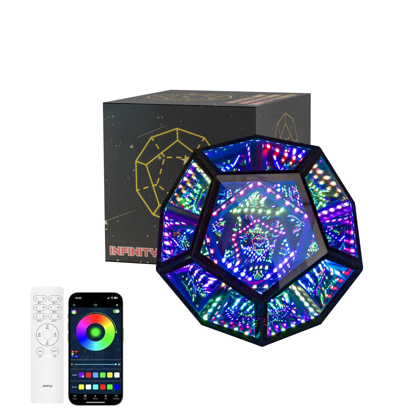 Lizbn Infinity Dodecahedron LED Light with APP & Remote – RGBW Dynamic Lighting,Music Sync,USB Powered,3D Mirrror Tunnel Light for Gaming,Bedroom & Party Decor (5.91×7.09×7.09in)