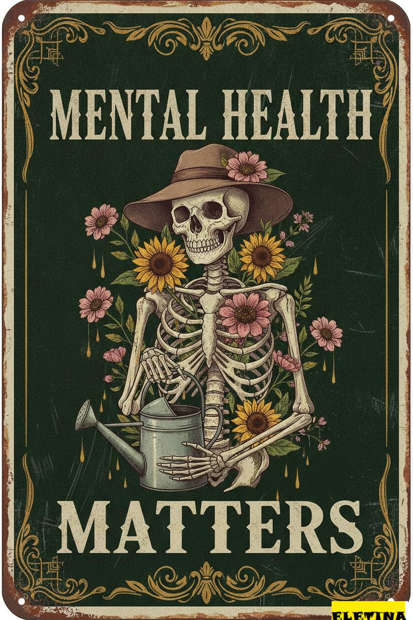 Personalized Sign for Man Cave Vintage Skull Metal Funny Wall Decor Mental Health Matters Poster Tin Cafe Bar Pub Home Beer Decoration 8x12inch Private Property Decorative