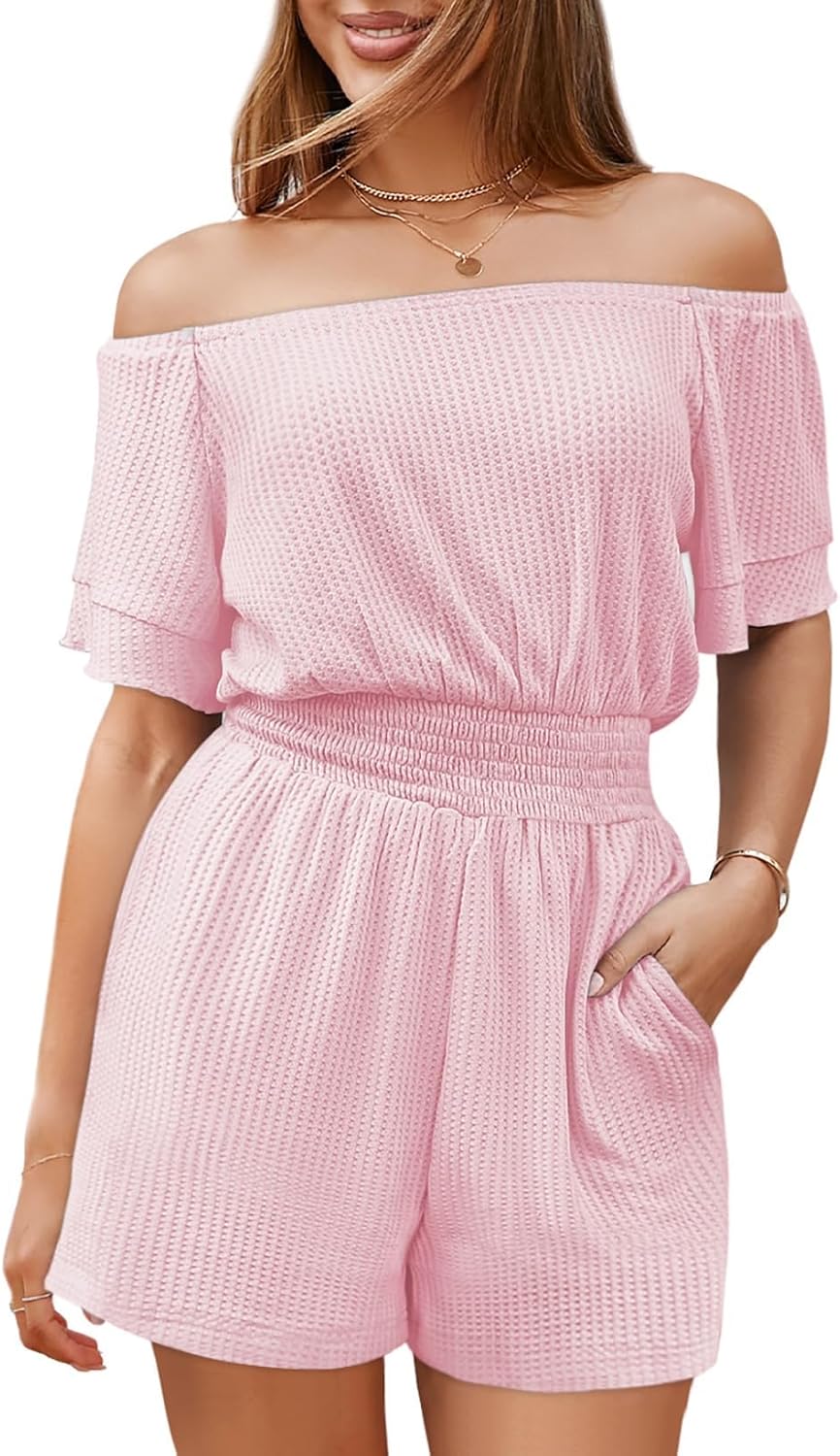 Fixmatti Womens Off The Shoulder Romper Short Sleeve Smocked Waist Mini Jumpsuit with pockets