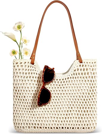 Crochet Beach Tote Bag Straw Beach Bag with Zipper Leather Strap Summer Beach bags for Women Large Shoulder Handbags