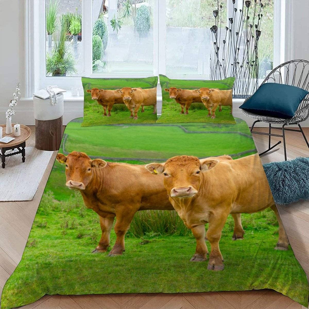 RFFLUX 3D Cow Single Duvet Cover Set 3 Pieces 135x200 Soft Microfiber Farm Animals Cattle Quilt Cover with Zipper Closure Easy Care Bedding Set with 2 Pillowcase for Kids Boys Girls Teens — image 1