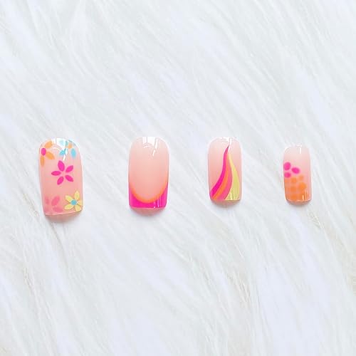 Miniatura 7 de Uñas postizas medianas a presión de verano, con diseños coloridos de flores y remolinos, uñas artificiales, uñas acrílicas simples de punta francesa