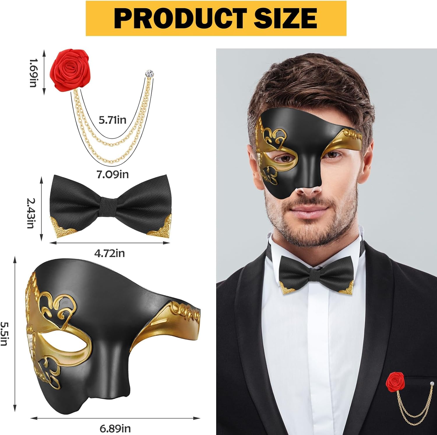 Phantom of The Opera Mask Masquerade Mask for Men with Bowtie Brooch for Halloween Party