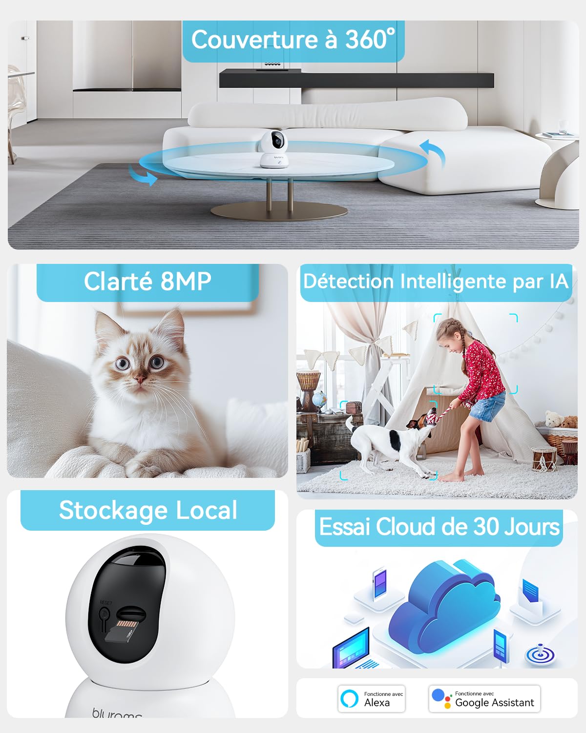 blurams Caméra Surveillance WiFi 4K, Caméra de Surveillance 8MP, Caméra Bébé Intérieure, Appel en Une Touche, Vision Nocturne en Couleur, Caméra Intérieure sans Fil, WiFi 5GHz/2,4GHz, Blanc
