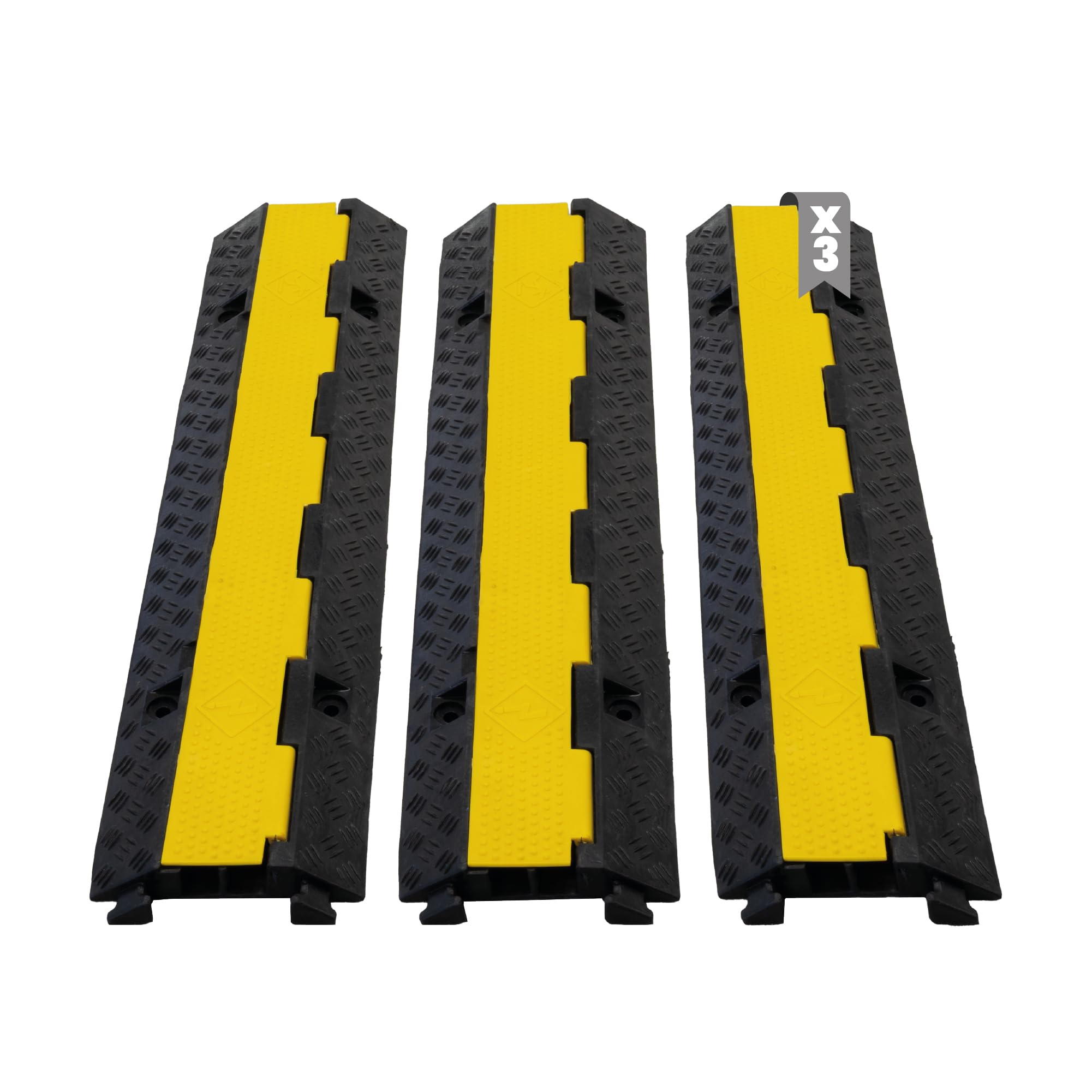 Pack 3 - Protector de Cables de Caucho 1 Canal para Suelo - Pasacables y Protector Suelo, Ideal para Eventos, Obras y Garajes - Canaleta para Cables - 100x26x6cm Amarillo y Negro