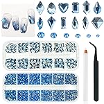 qiipii Light Blue Rhinestones for Nails Multi Shapes Crystal Flatback Rhinestones Gems Round Beads Glass Stones Diamonds Jewels w Wax Pen for Faces Eyes Makeup Crafts