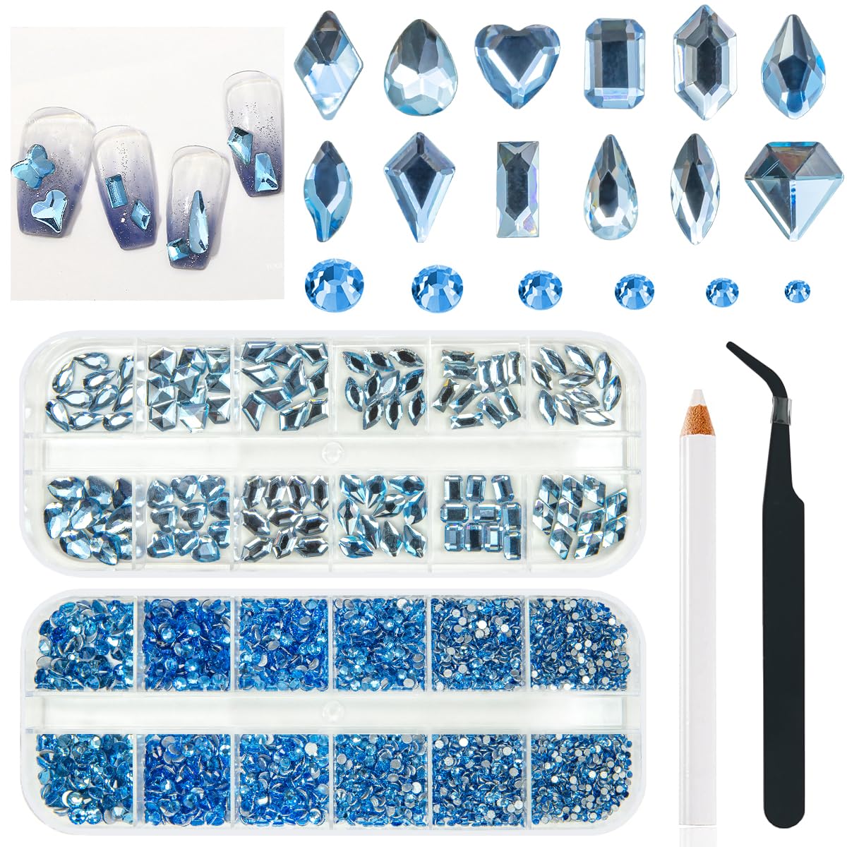 qiipii Light Blue Rhinestones for Nails Multi Shapes Crystal Flatback Rhinestones Gems Round Beads Glass Stones Diamonds Jewels w Wax Pen for Faces