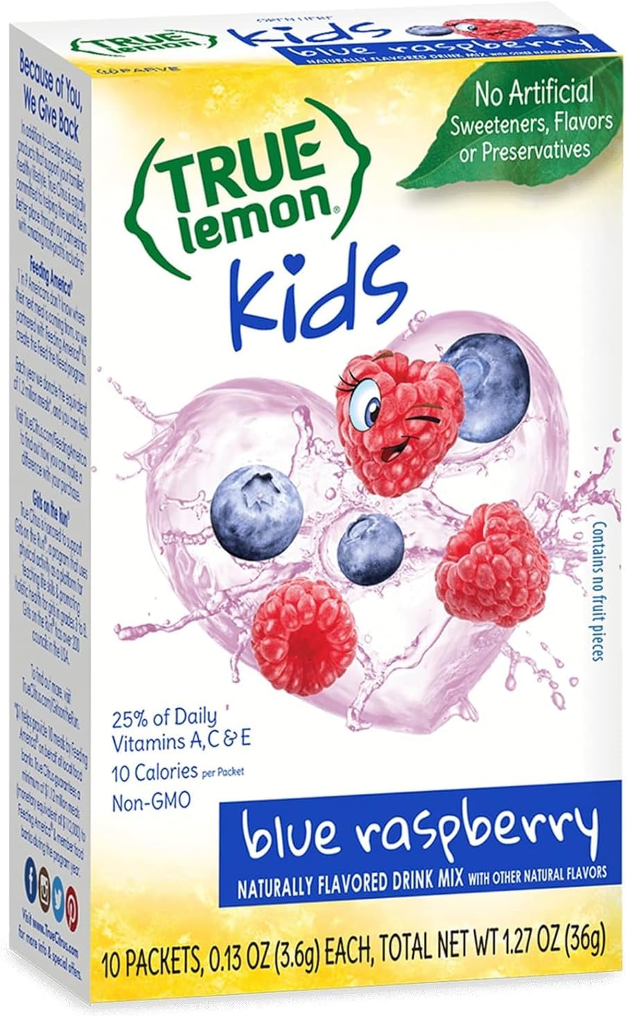 True Lemon Kids Blue Raspberry - Hydration for Kids - No Preservatives, No Artificial Flavors, No Artificial Sweeteners - Low Sugar Water Flavoring - Drink Mix for Kids - Kids Juice Powdered Drink Mix 10 count(pack of 1)