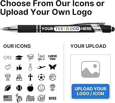 Custom Pens Personalized Bulk, Engraved Pens with Logo or Message, Black Ink Stylus Tip, Promotional Customizable Ballpoint Pen for Parties, Corporate, Marketing
