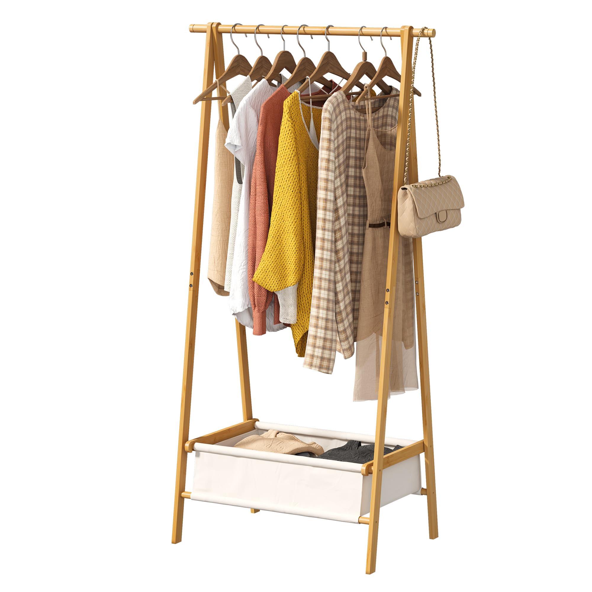 FILWH Bamboo Clothes Rack with Storage Box Foldable Garment Holder Coat Rack Freestanding Coat Stand Child Clothing Stand